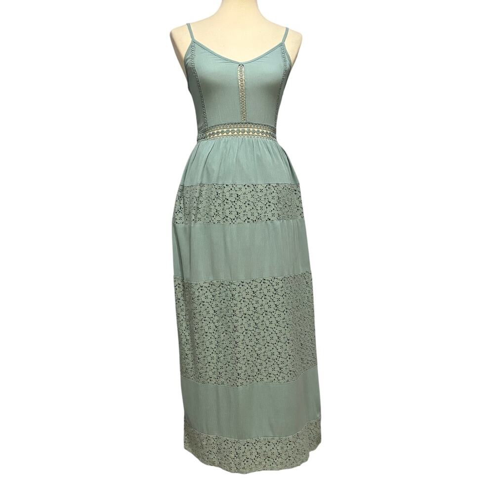 Light Green Crochet Lace Boho Tiered Maxi Dress Festival Coquette Barbie, XS